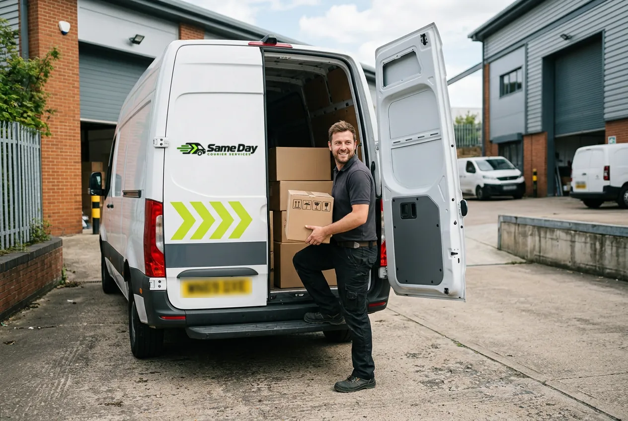Courier loading boxes into the back of a Same Day Courier Services van