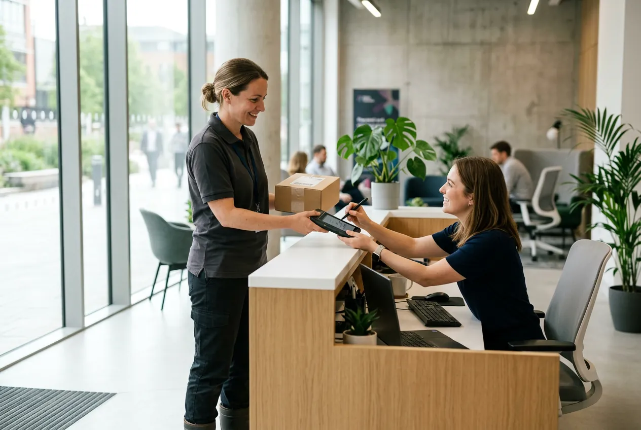 Courier collecting a signature for proof of delivery at an office reception